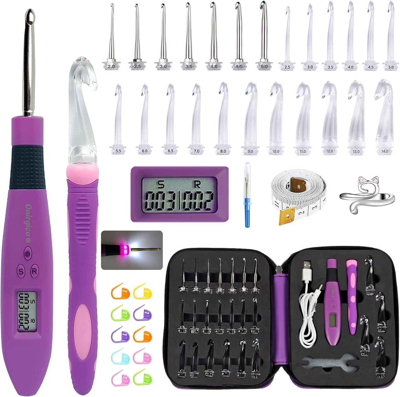 Light Up Crochet Hook Set with 24 Tips & Digital Counter - 24 Size with Light and Digital